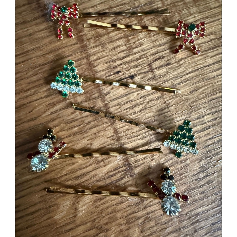 Christmas holiday-bobby pins gold-tone rhinestones-Christmas trees bows snowmen